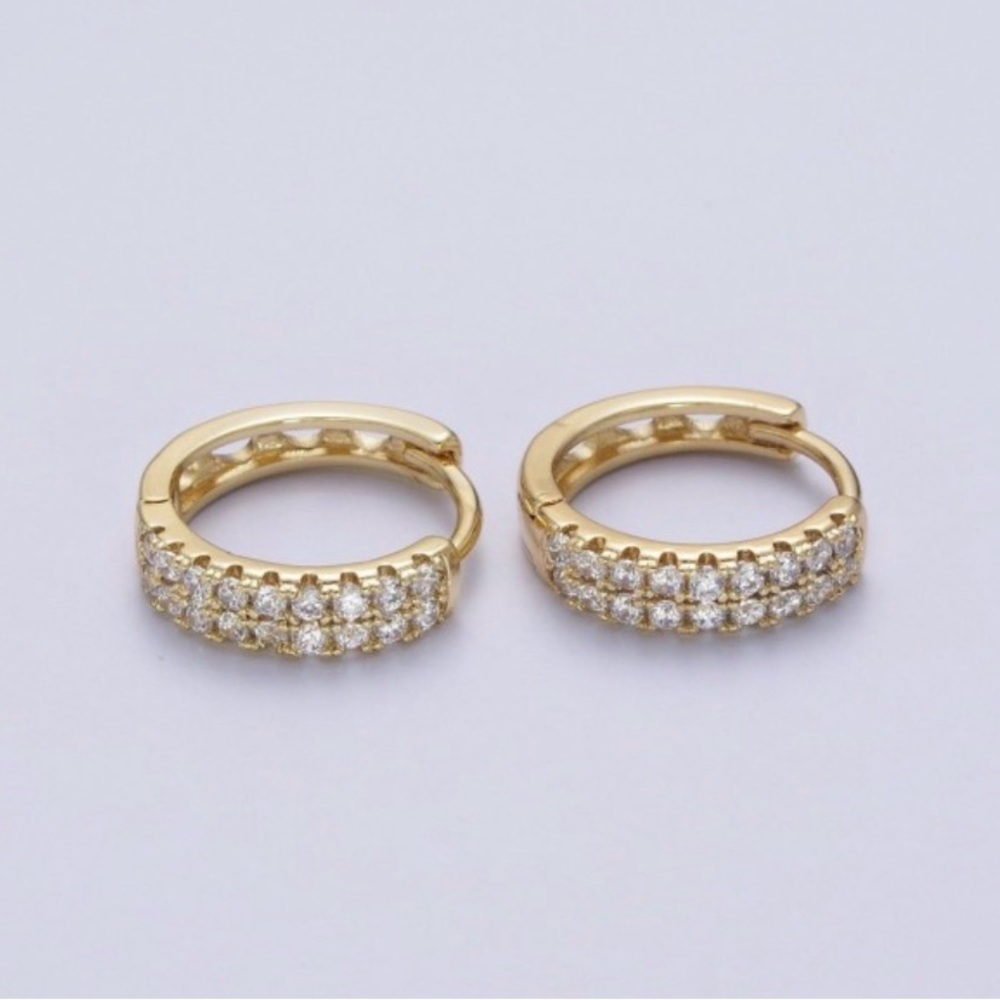 Gold Tone Pave CZ Huggie Hoop Earrings | Small Sparkly Hoops